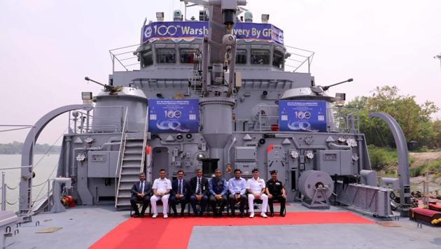 The handover ceremony of the India’s Navy’s latest warship at Kolkata.(Garden Reach Ship Builders and Engineers) The handover ceremony of the India’s Navy’s latest warship at Kolkata.(Garden Reach Ship Builders and Engineers)