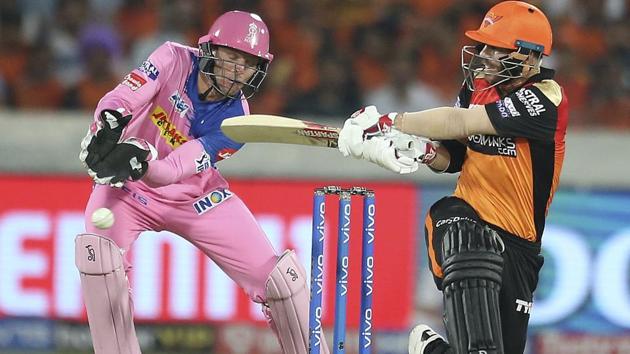 Sunrisers Hyderabad's David Warner plays a shot against Rajasthan Royals.(AP)