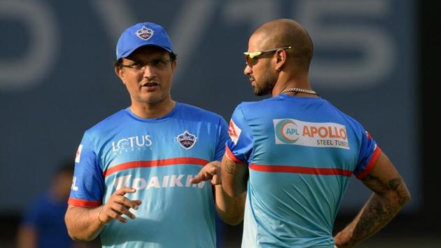 Delhi Capitals advisor Sourav Ganguly at work with Shikhar Dhawan. (Mohd Zakir/HT PHOTO) Delhi Capitals advisor Sourav Ganguly at work with Shikhar Dhawan. (Mohd Zakir/HT PHOTO)