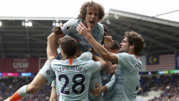 Chelsea's David Luiz celebrates after Ruben Loftus-Cheek scores his side's second goal.(AP)