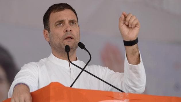 Congress president Rahul Gandhi addressing an election rally in Vijayawada, Andhra Pradesh on Sunday.(ANI)