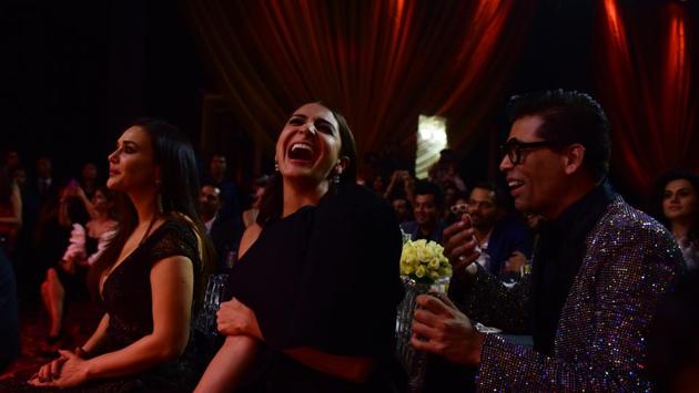 Anushka Sharma and Karan Johar shared a big laugh. (Vijayanand Gupta/HT Photo)