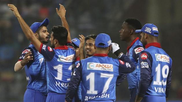 Delhi Capitals players celebrate the dismissal of Kolkata Knight Riders Robin Uthappa. (AP) Delhi Capitals players celebrate the dismissal of Kolkata Knight Riders Robin Uthappa. (AP)