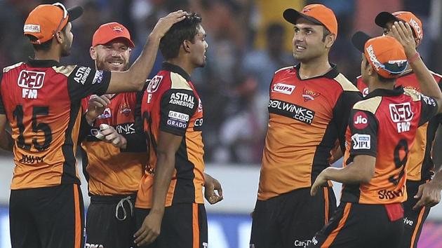 Sunrisers Hyderabad's bowler Sandeep Sharma, third from left, celebrates the wicket of Virat Kohli. (AP) Sunrisers Hyderabad's bowler Sandeep Sharma, third from left, celebrates the wicket of Virat Kohli. (AP)
