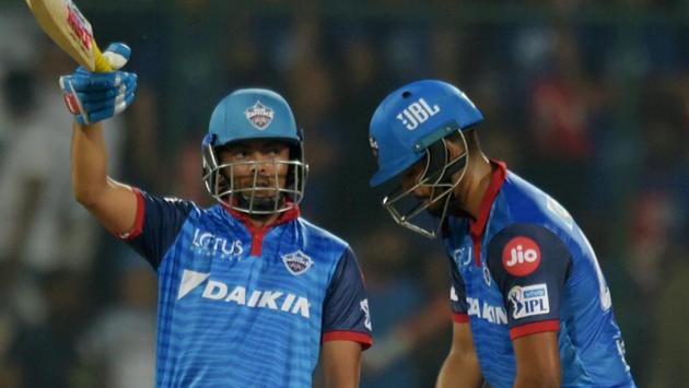 Delhi Capitals (DC) batsman Prithvi Shaw celebrates on his half century. (PTI)