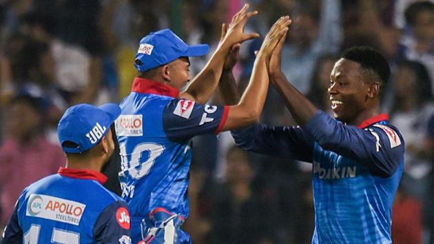 Delhi Capitals (DC) player Kagiso Rabada celebrates with teammates. (PTI) Delhi Capitals (DC) player Kagiso Rabada celebrates with teammates. (PTI)