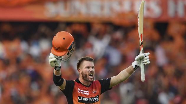 SRH batsman David Warner celebrates after reaching his century. (PTI) SRH batsman David Warner celebrates after reaching his century. (PTI)