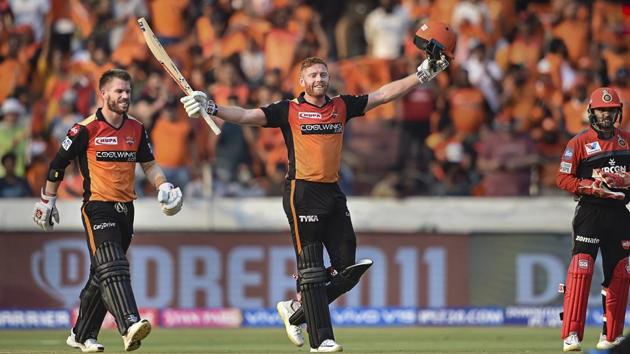 SRH batsman Jonny Bairstow raises his bat after reaching his century. (PTI) SRH batsman Jonny Bairstow raises his bat after reaching his century. (PTI)