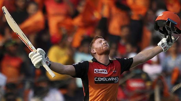 Sunrisers Hyderabad's Jonny Bairstow raises his bat after his hundred.(AP)