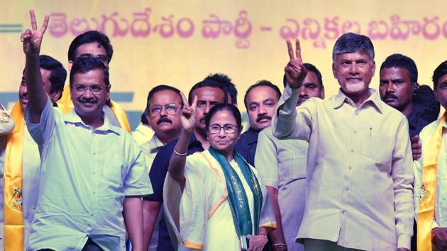 Delhi chief minister Arvind Kejriwal, West Bengal chief minister Mamata Banerjee and Andhra Pradesh chief minister N. Chandrababu Naidu at an election rally in Visakhapatnam on March 31. (ANI Phot) Delhi chief minister Arvind Kejriwal, West Bengal chief minister Mamata Banerjee and Andhra Pradesh chief minister N. Chandrababu Naidu at an election rally in Visakhapatnam on March 31. (ANI Phot)