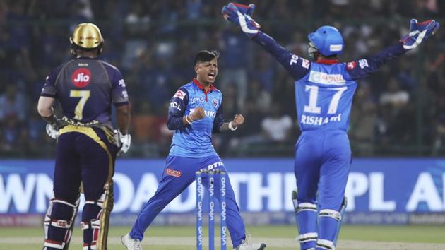 Delhi Capitals Sandeep Lamichhane, center, celebrates the dismissal of Kolkata Knight Riders Nikhil Naik. (AP) Delhi Capitals Sandeep Lamichhane, center, celebrates the dismissal of Kolkata Knight Riders Nikhil Naik. (AP)