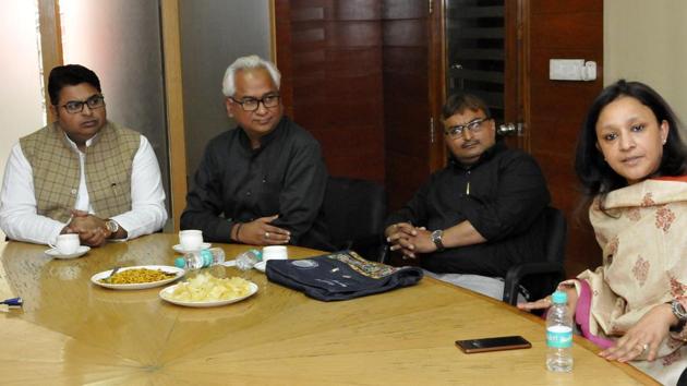 India: Political discussion [ Abhishek Mishra, Dr Neeraj Bora, Prof Ravikant, Aradhana Mishra ] at HT OFFICE, Lucknow, Uttar Pradesh, India on Saturday (Dheeraj Dhawan/Hindustan Times)