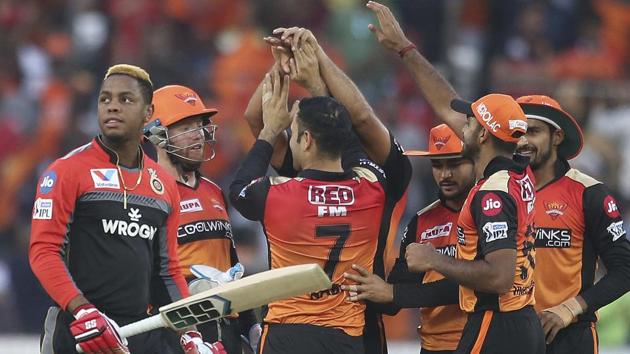 Shimron Hetmyer, left, walks back to pavilion after dismissed by Sunrisers Hyderabad bowler Mohammed Nabi. (AP) Shimron Hetmyer, left, walks back to pavilion after dismissed by Sunrisers Hyderabad bowler Mohammed Nabi. (AP)