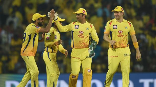 Chennai: CSK skipper MS Dhoni celebrates his team's victory with teammates in the Indian Premier League 2019 (IPL T20) cricket match between Chennai Super Kings (CSK) and Rajasthan Royals (RR) (PTI)