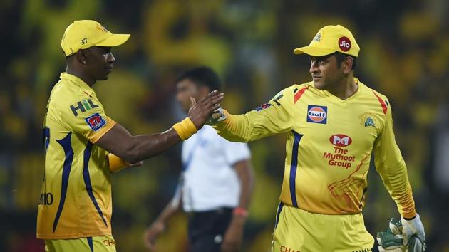 Chennai: CSK skipper MS Dhoni and Dwayne Bravo celebrate their team's win in the Indian Premier League 2019 (IPL T20) cricket match between Chennai Super Kings (CSK) and Rajasthan Royals (RR)(PTI) Chennai: CSK skipper MS Dhoni and Dwayne Bravo celebrate their team's win in the Indian Premier League 2019 (IPL T20) cricket match between Chennai Super Kings (CSK) and Rajasthan Royals (RR)(PTI)