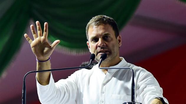 Congress President Rahul Gandhi gestures as he speaks at a Congress-JD(S) rally ahead of Lok Sabha election, Bengaluru, March 31, 2019(PTI)