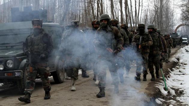 Four militants have been killed by security forces in an ongoing gun battle in Jammu and Kashmir’s Pulwama district, an Indian Army spokesperson said. Colonel Rajesh Kalia said several weapons and “warlike stores” have been recovered from the encounter site in Lassipora area of Pulwama. (HT File) Four militants have been killed by security forces in an ongoing gun battle in Jammu and Kashmir’s Pulwama district, an Indian Army spokesperson said. Colonel Rajesh Kalia said several weapons and “warlike stores” have been recovered from the encounter site in Lassipora area of Pulwama. (HT File)