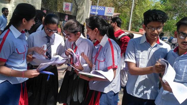 Students of GD Goenka Public School discussing CBSE class 12 Computer Science exam on Tuesday(HT)