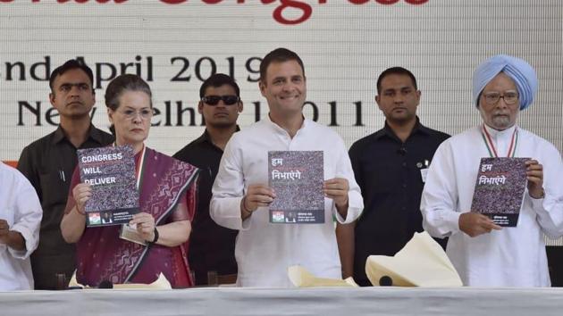 The Congress on Tuesday unveiled its manifesto for the Lok Sabha elections saying that it has “enough to address everyone’s concerns” in the country .(HT Photo)