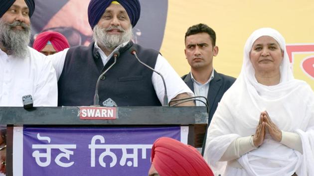 Shiromani Akali Dal (SAD) president Sukhbir Singh Badal with party's candidate from Khadoor Sahib Bibi Jagir Kaur. Though the party had already decided to field Jagir Kaur, the formal announcement was made on Monday, April 1, 2019.(HT Photo)