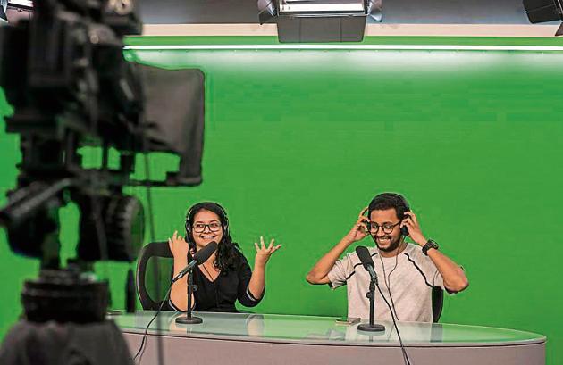 Students at the St Paul's institute in Bandra take turns to act as presenters, producers and editors of the campus podcast.(Satish Bate / HT Photo)