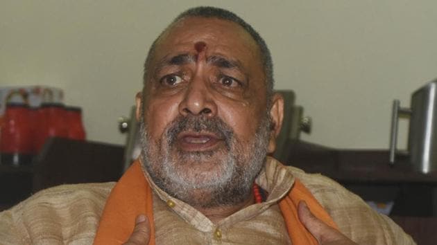 Union minister Giriraj Singh at the office in Begusarai from where he is contesting the Lok Sabha elections.(HT PHOTO)