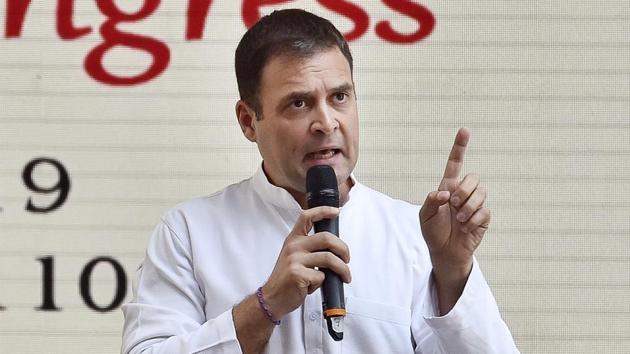 Congress president Rahul Gandhi addressing the media during the release of Congress Party Manifesto 2019 for upcoming Lok Sabha election at AICC, in New Delhi on April 2. (Ajay Aggarwal/HT PHOTO) Congress president Rahul Gandhi addressing the media during the release of Congress Party Manifesto 2019 for upcoming Lok Sabha election at AICC, in New Delhi on April 2. (Ajay Aggarwal/HT PHOTO)