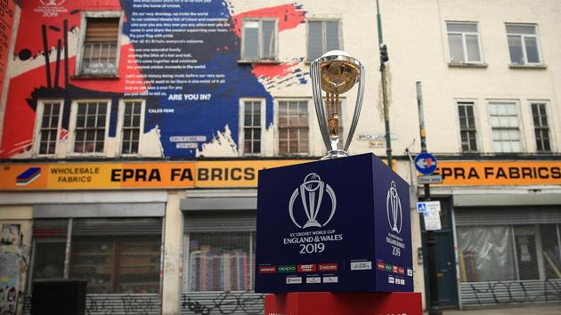 The ICC Cricket World Cup trophy on display on Brick Lane infront of the World Cup declaration mural by London poet Caleb Femi on May 30, 2018 in London, England.(Getty Images for CWC19)