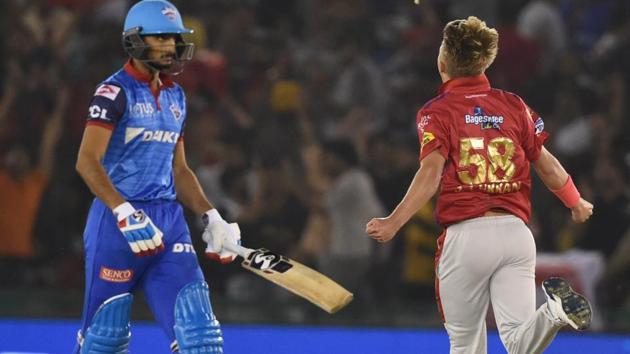 Kings XI Punjab (KXIP) player Sam celebrates after dismissing Delhi Capitals' Harshal Patel.(PTI) Kings XI Punjab (KXIP) player Sam celebrates after dismissing Delhi Capitals' Harshal Patel.(PTI)