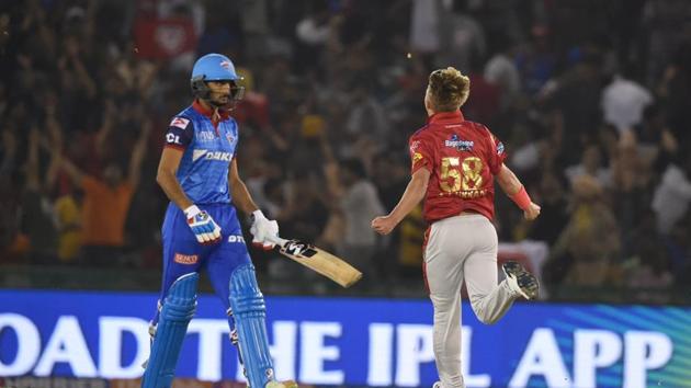 Mohali: Kings XI Punjab (KXIP) player Sam celebrates after dismissing DC's Harshal Patel during the Indian Premier League 2019 (IPL T20) cricket match between Delhi Capitals (DC) and Kings XI Punjab (KXIP) at I.S Bindra Stadium in Mohali, Monday, April 1, 2019(PTI)