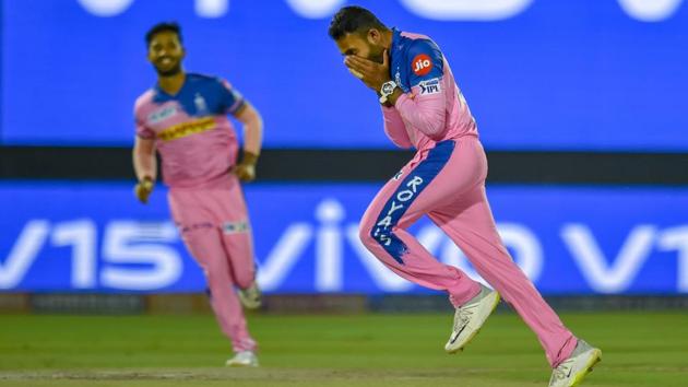 Rajasthan Royals (RR) bowler Shreyas Gopal celebrates the wicket of Virat Kohli. (PTI)
