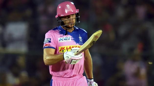 Rajasthan Royals (RR) batsman Jos Buttler celebrates his fifty. (PTI)