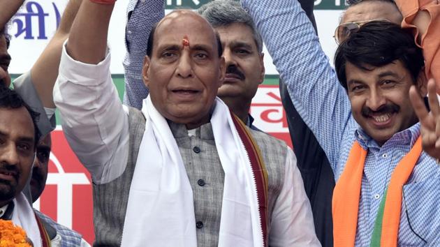 Union home minister and senior BJP leader Rajnath Singh will hold an election rally in Uttar Pradesh’s Sikandrabad town on April 4 to seek votes for party’s Gautam Budh Nagar candidate Dr Mahesh Sharma.(Sonu Mehta/HT PHOTO)