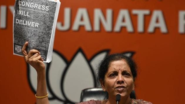 Union defence minister Nirmala Sitharaman claimed on Wednesday that the Congress’s promise in its manifesto to amend the AFSPA was aimed at weakening the armed forces.(Sonu Mehta/HT Photo)