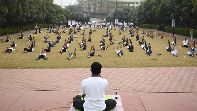 A yoga event called DiscoveRUN was organised by Sport Alpha on January 27 at Abhishek Lawns, Wagholi. It was conducted as a cool-down event after the half-marthon race of the day. (HT PHOTO) A yoga event called DiscoveRUN was organised by Sport Alpha on January 27 at Abhishek Lawns, Wagholi. It was conducted as a cool-down event after the half-marthon race of the day. (HT PHOTO)