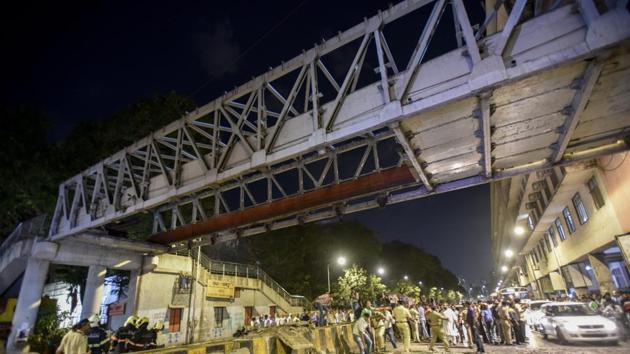 On March 14, six people were killed and 31 injured when a portion of the Himalaya foot overbridge (FoB) near Chhatrapati Shivaji Maharaj Terminus (CSMT) collapsed.(HT FILE)