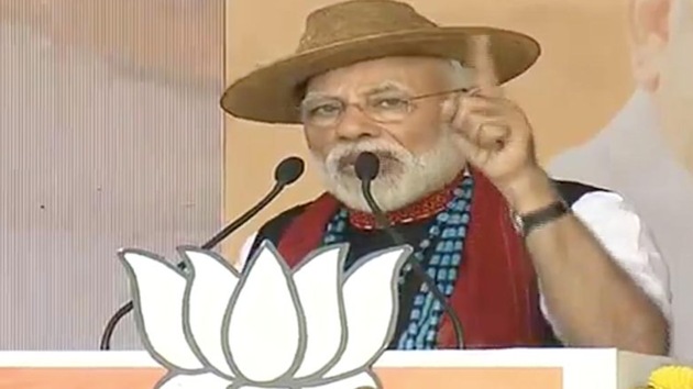 Taking a dig at the Congress’s poll manifesto released on Tuesday, PM said it is corrupt, not a ‘Ghoshnapatra but a dhakoslapatra’ (it’s not a manifesto but an eyewash).(Twitter/BJP)