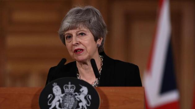 British Prime Minister Theresa May gives a news conference after a cabinet meeting to discuss alternative Brexit options vote, outside Downing Street, London, Britain April 2, 2019.(REUTERS)