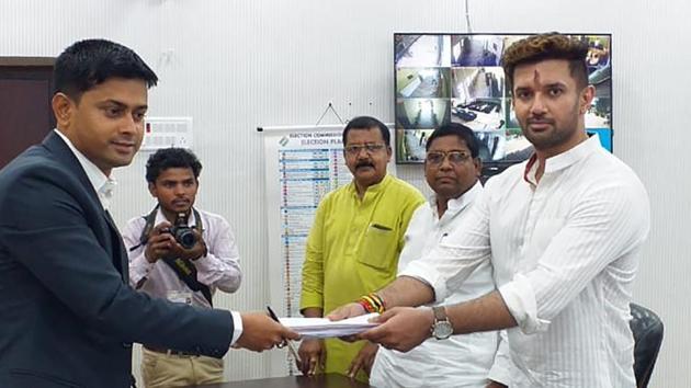 LJP candidate Chirag Paswan filed his nomination papers for Jamui Lok Sabha constituency on March 25,2019.(Santosh Kumar / HT Photo)