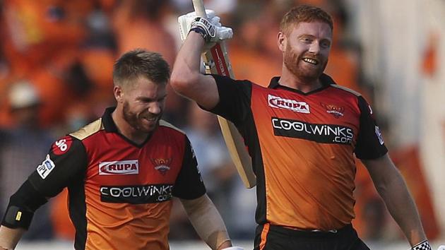 Sunrisers Hyderabad's David Warner, left, greets Jonny Bairstow on scoring hundred runs.(AP) Sunrisers Hyderabad's David Warner, left, greets Jonny Bairstow on scoring hundred runs.(AP)