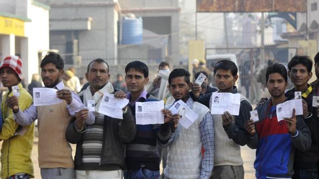 Greater Noida, India - February 11, 2017: Voters begin casting their vote in Jewar constituency, in Greater Noida, India, on Saturday, February 11, 2017.(Sunil Ghosh / Hindustan Times)