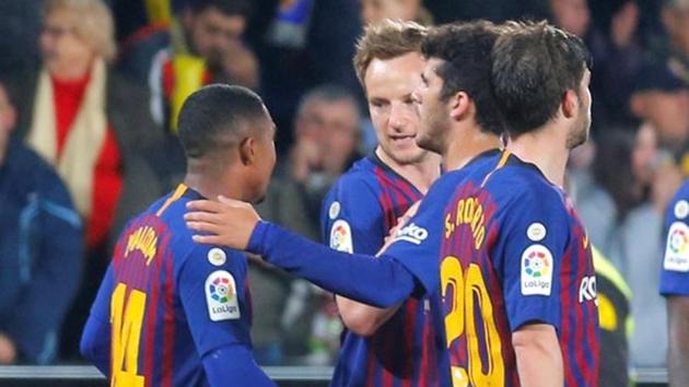 Barcelona players celebrate their fourth goal. (REUTERS) Barcelona players celebrate their fourth goal. (REUTERS)