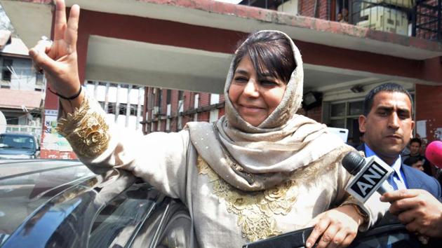 Peoples Democratic Party (PDP) chief and former chief minister Mehbooba Mufti shows victory sign as she leaves after filing her nomination papers from Anantnag, ahead of Lok Sabha elections, at Anantnag district of Kashmir on April 3. (PTI Photo) Peoples Democratic Party (PDP) chief and former chief minister Mehbooba Mufti shows victory sign as she leaves after filing her nomination papers from Anantnag, ahead of Lok Sabha elections, at Anantnag district of Kashmir on April 3. (PTI Photo)