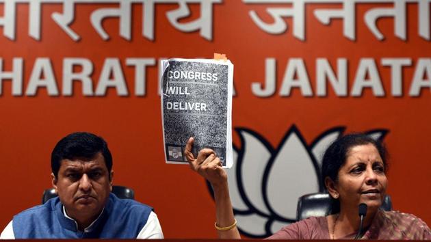 Union Defence Minister Nirmala Sitharaman slammed the Congress party’s manifesto saying that its proposal to amend the Armed Forces Special Powers Act (AFSPA) was insidious and was aimed at weakening the armed forces. (Sonu Mehta / HT Photo)