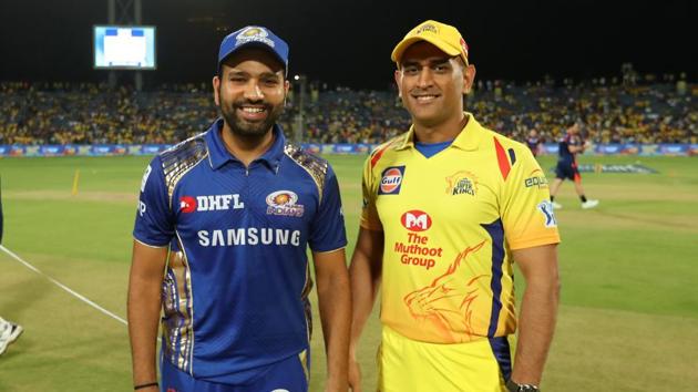 File photo of Rohit Sharma, captain of Mumbai Indians, and Mahendra Singh Dhoni, captain of Chennai Super Kings.(BCCI Photo)