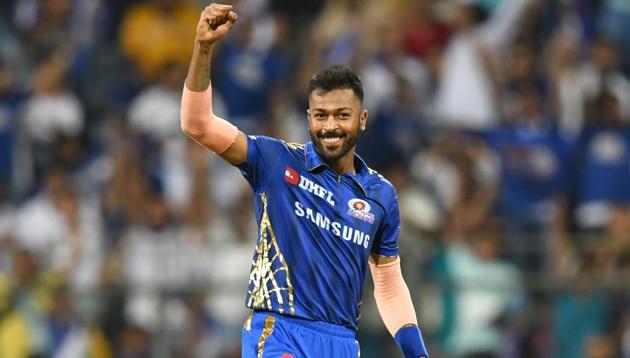 Mumbai Indians' bowler Hardik Pandya celebrates after taking the wicket of Chennai Super Kings captain Mahendra Singh Dhoni(AFP)