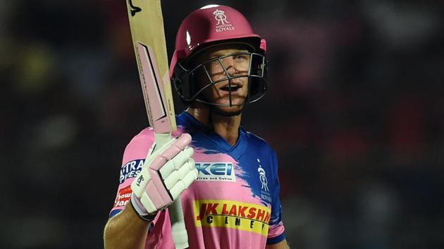 Rajasthan Royals' Jos Buttler reacts as he walks back to the pavilion.(AFP)