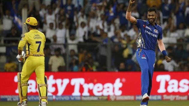 Mumbai Indians Hardik Pandya, right, celebrates the dismissal of Chennai Super Kings Mahendra Singh Dhoni, left, during the VIVO IPL T20 cricket match between Mumbai Indians and Chennai Super Kings in Mumbai, India, Wednesday, April 3, 2019.(AP) Mumbai Indians Hardik Pandya, right, celebrates the dismissal of Chennai Super Kings Mahendra Singh Dhoni, left, during the VIVO IPL T20 cricket match between Mumbai Indians and Chennai Super Kings in Mumbai, India, Wednesday, April 3, 2019.(AP)