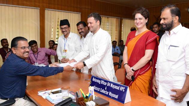 Congress president Rahul Gandhi filed his nomination papers from the Wayanad Lok Sabha seat in Kerala, the second constituency he is contesting apart from his traditional stronghold of Amethi in Uttar Pradesh, for the Lok Sabha election 2019. A recently-formed constituency, Wayanad Lok Sabha seat is a Congress stronghold and will go to polls on April 23 along with all the 20 others in the southern state. (HT Photo) Congress president Rahul Gandhi filed his nomination papers from the Wayanad Lok Sabha seat in Kerala, the second constituency he is contesting apart from his traditional stronghold of Amethi in Uttar Pradesh, for the Lok Sabha election 2019. A recently-formed constituency, Wayanad Lok Sabha seat is a Congress stronghold and will go to polls on April 23 along with all the 20 others in the southern state. (HT Photo)
