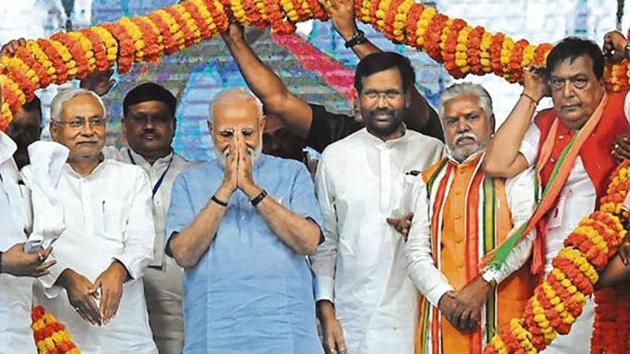 Prime Minister Narendra Modi with Bihar CM Nitish Kumar, LJP chief Ram Vilas Paswan and others, during an election rally in Gaya, Bihar, on April 2.(HT File) Prime Minister Narendra Modi with Bihar CM Nitish Kumar, LJP chief Ram Vilas Paswan and others, during an election rally in Gaya, Bihar, on April 2.(HT File)